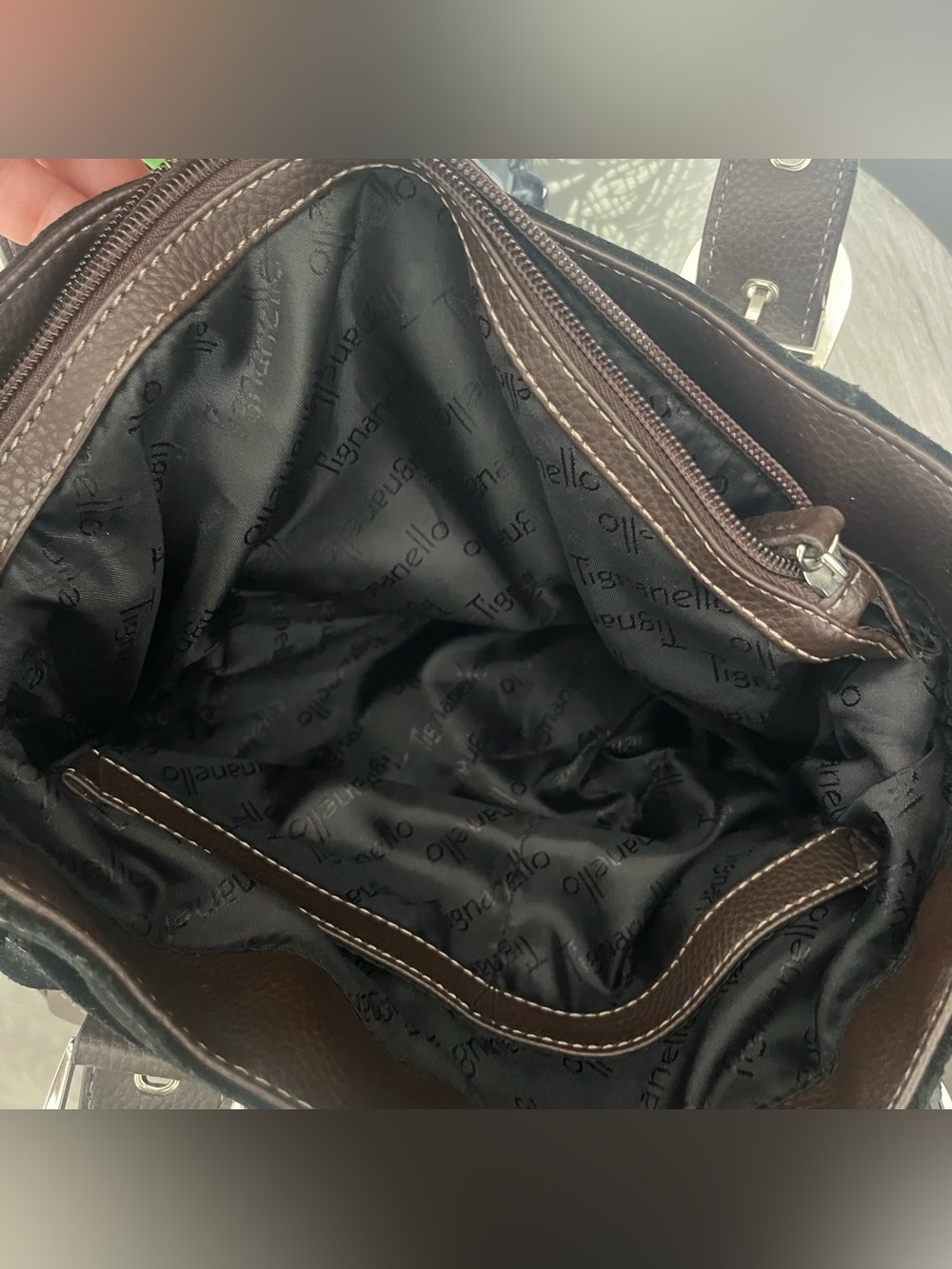 Tignanello Black Suede & Brown Trim Tote Bag Silver Buckle Accents - Picture 5 of 13